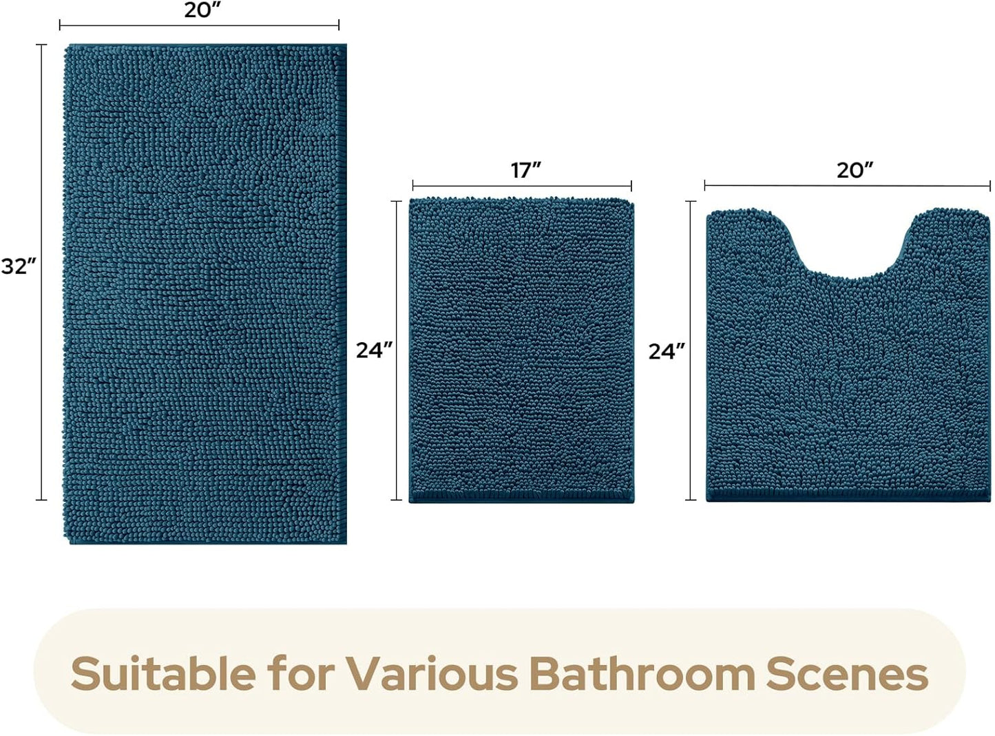 HOMEIDEAS 3 Pieces Bathroom Rugs, Ultra Soft Non Slip Absorbent Chenille Toilet Bath Mat Set (Atlantic Blue,17"x24"+20"x32"+U Shape 20"x24")
