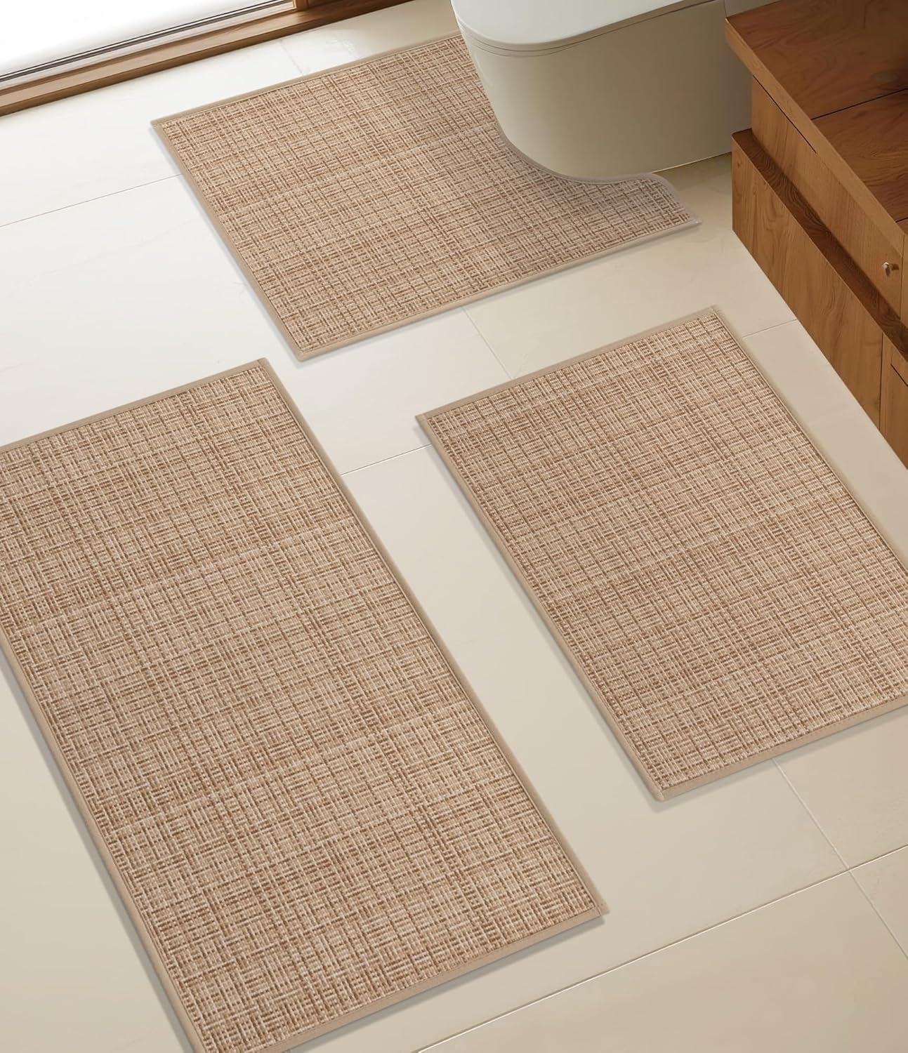 YIHOUSE Bathroom Rugs Sets 3 Pieces, Khaki Ultra Thin Bath Mats Fit Under Door, Absorbent Quickly Dry Rubber Backing Braided Bath Mat Set, Non Slip Washable Bath Rugs for Bathroom Floor, Khaki