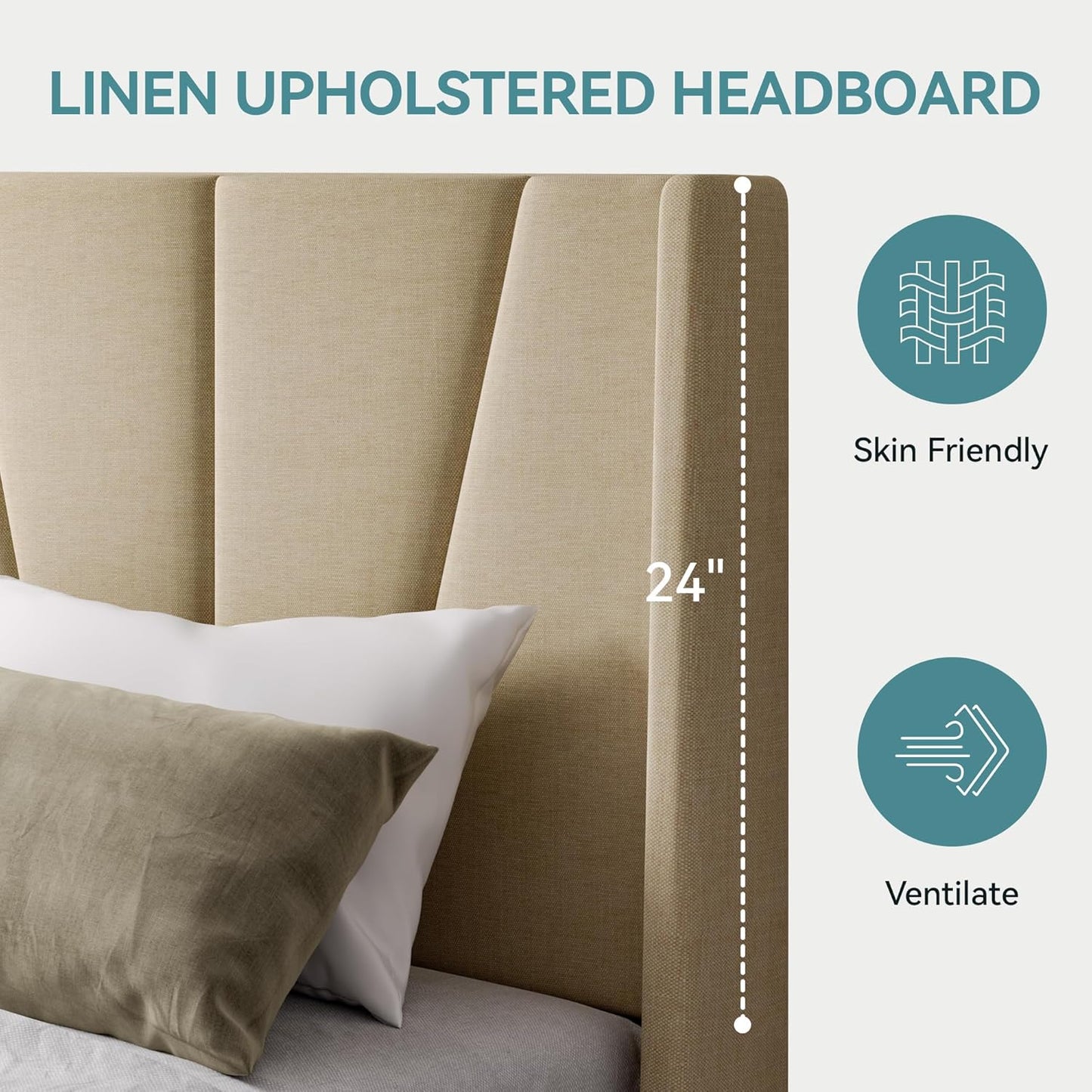 HOOMIC King Size Platform Bed Frame with Geometric Wingback Headboard, Wooden Slats Support, No Box Spring Needed, Modern Style in Beige