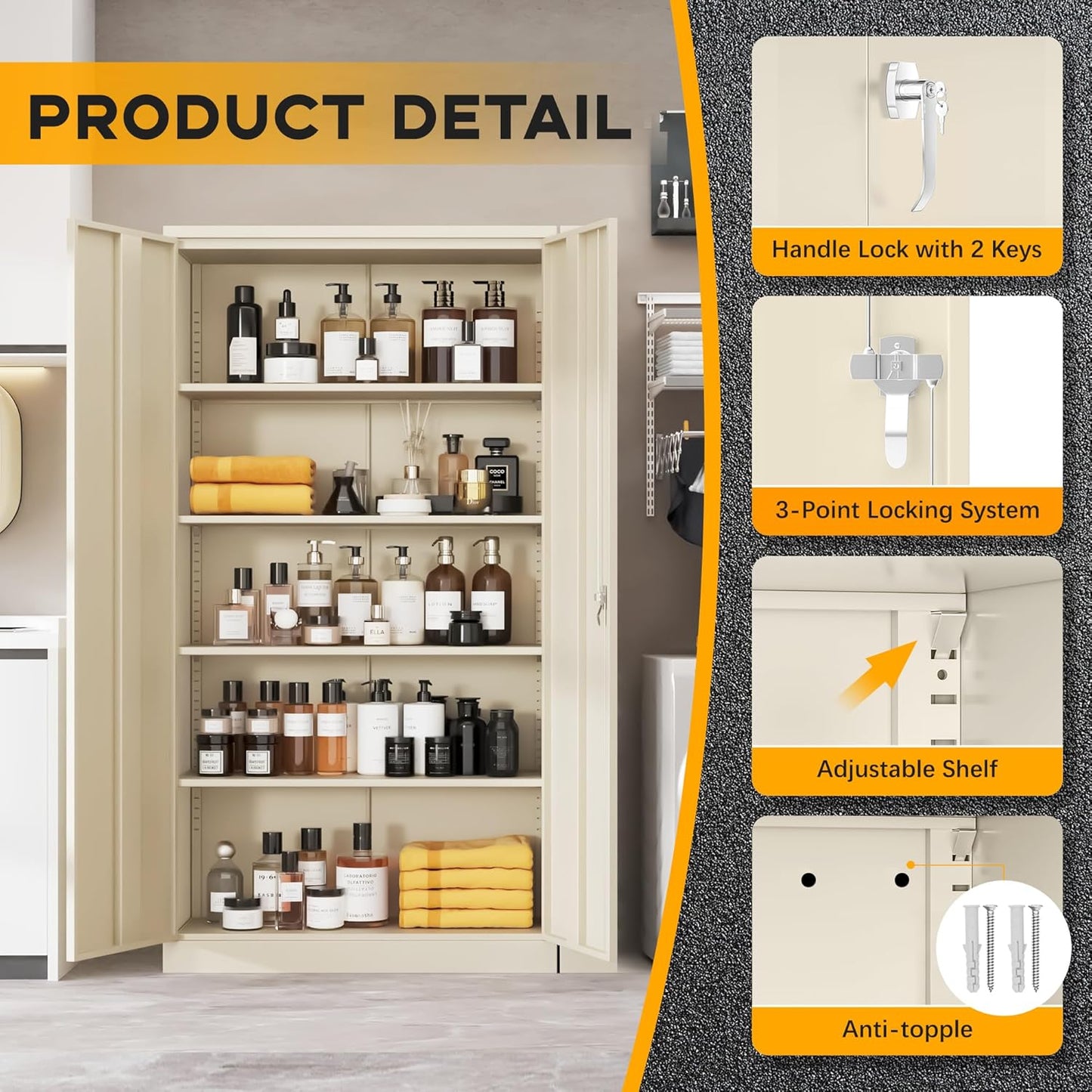 Greenvelly Metal Garage Storage Cabinet with 2 Doors and 4 Adjustable Shelves, 72”H Steel Lockable Storage Cabinet,Tall Metal Cabinet Locking File Cabinet for Office,Home, Garage, Gym, School