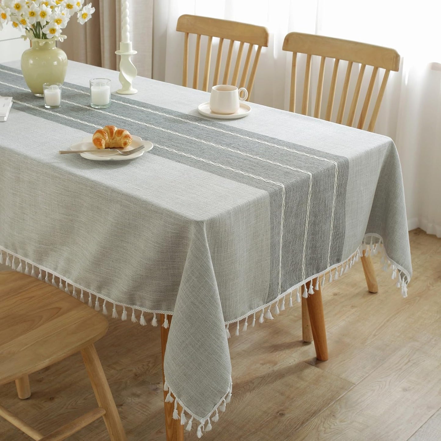JIALE Tablecloths for Rectangle Tables,Cotton Linen Table Cloth Waterproof Tablecloth Wrinkle Free Farmhouse Dining Tables Cover,Soft Fabric Table Cloths with Tassels,Grey,55" X 55",2-4 Seats