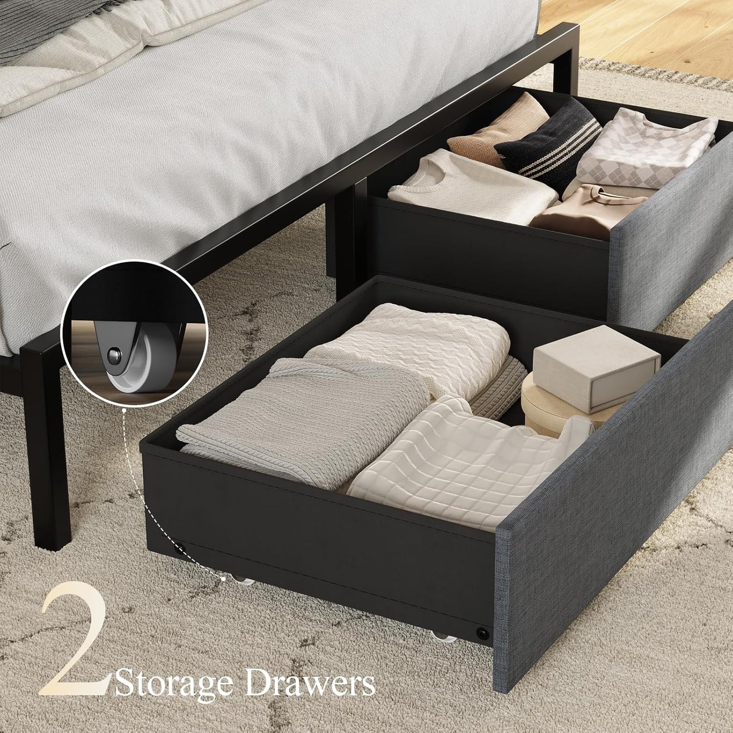 Full Size Bed Frame with Headboard Storage Platform Bed Frame Full Size with 2 Drawers LED Light and Charging Station Bed Base No Box Spring Needed