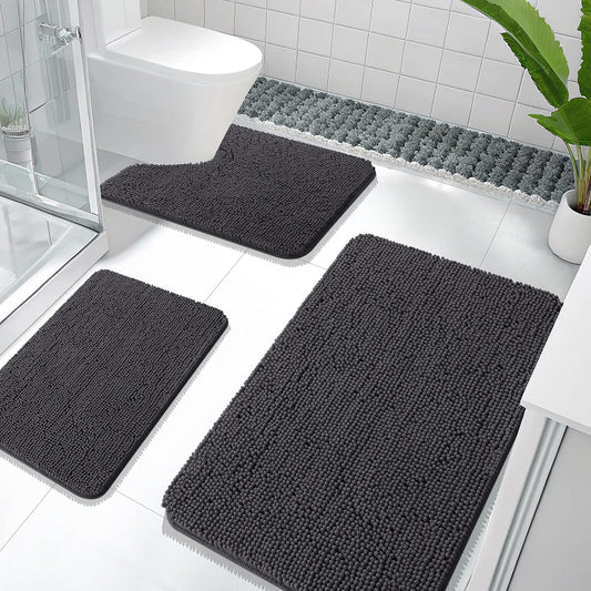 OLANLY Bathroom Rugs Sets 3 Piece, Soft Absorbent Chenille Bath Mats and U-Shaped Contour Toilet Rug, Quick Dry, Home Decor Accessories, Bath Mat Set for Bathroom (36"x24"+24"x16"+24"x20", Dark Grey)