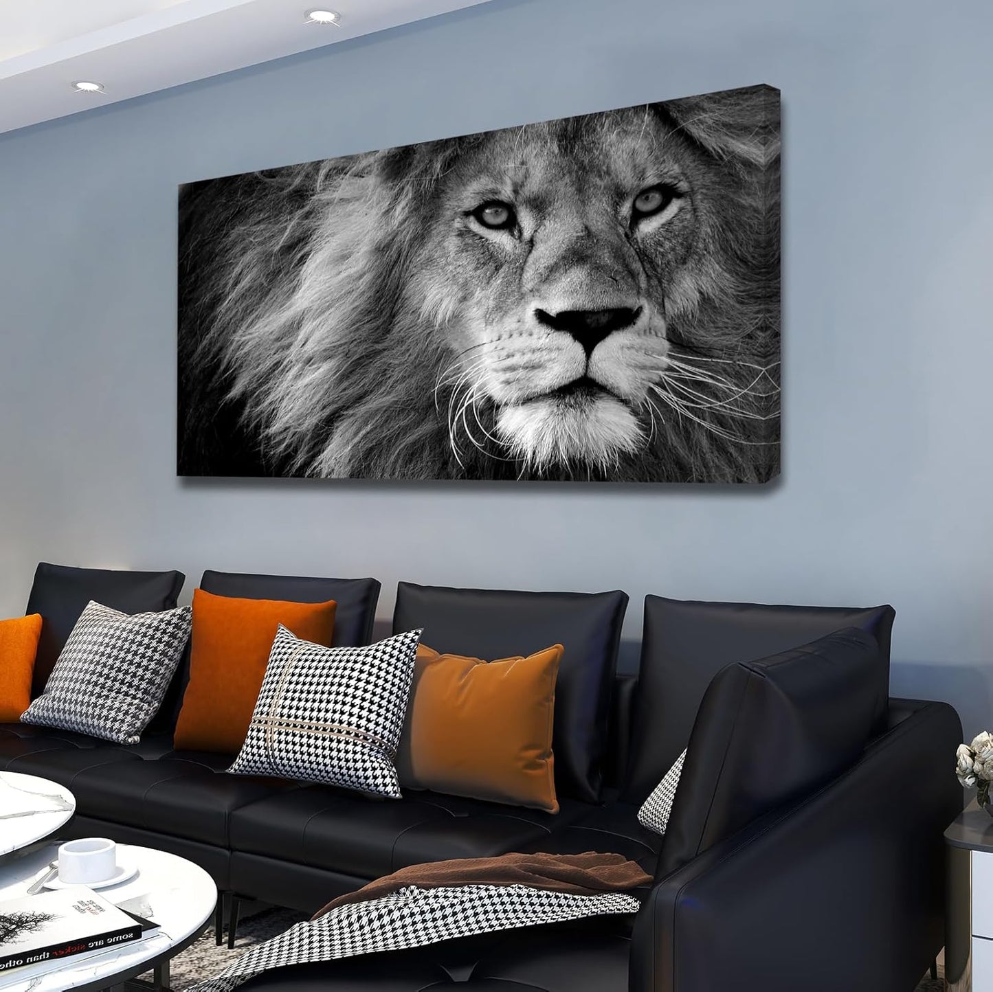 Baisuart-D0162 Canvas Prints Wall Art Grey lion Stretched Canvas Wooden Framed for living Room Bedroom and Office