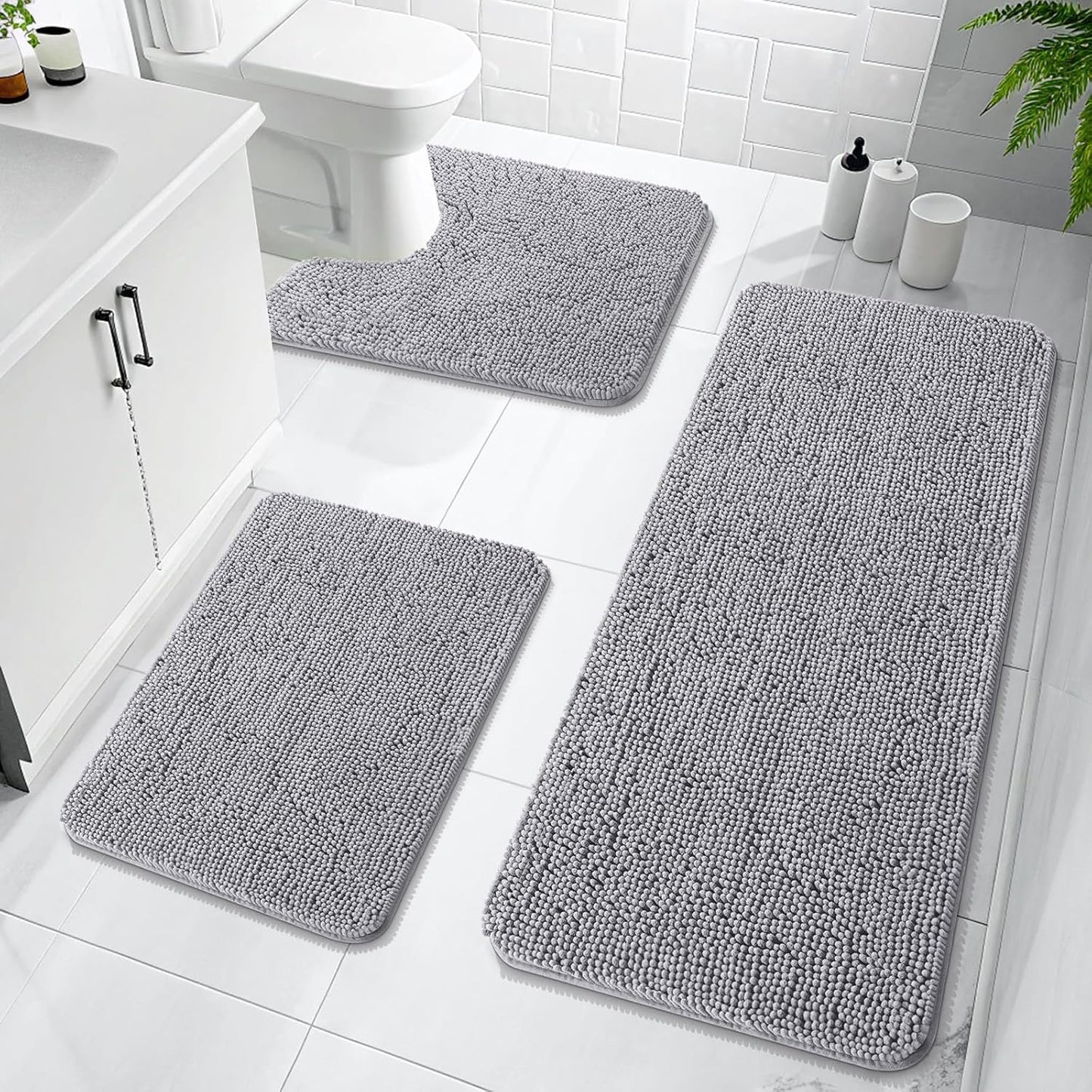 OLANLY Bathroom Rugs Sets 3 Piece, Soft Absorbent Chenille Bath Mats and U-Shaped Contour Toilet Rug, Quick Dry, Home Decor Accessories, Bath Mat Set for Bathroom (47"x20"+24"x16"+24"x20", Grey)