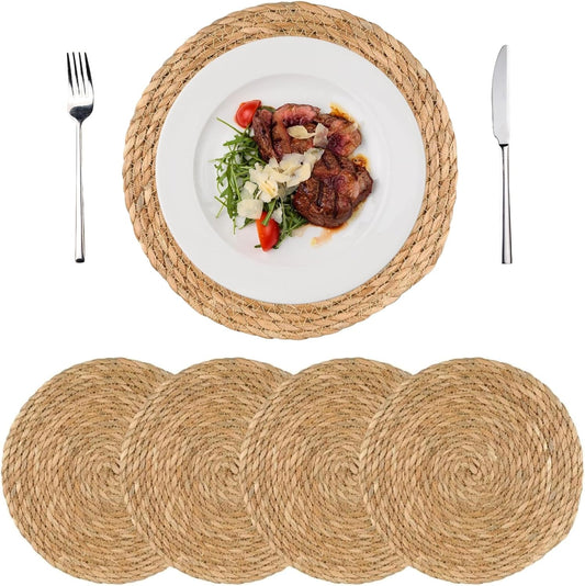 Round Woven Placemats Set of 4, 12" Boho Rattan Chargers for Dinner Plates, Natural Farmhouse Weave Place Mats, Rustic Braided Wicker Table Mats for Dining Table, Home, Outdoor