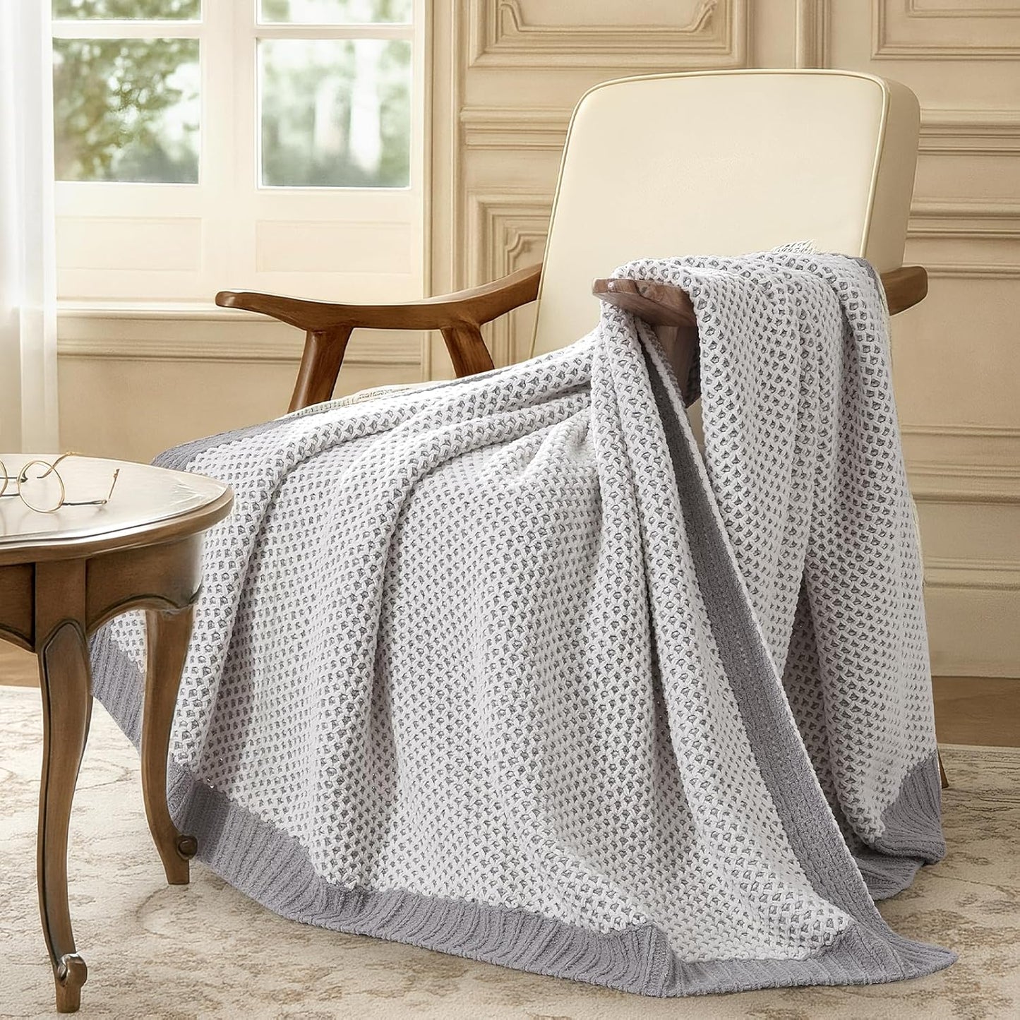Amélie Home Honeycomb Knit Throw Blanket for Couch, Dual-Sided Soft Chenille Decorative Blankets for Sofa & Chair, 50"x60", Gray & White