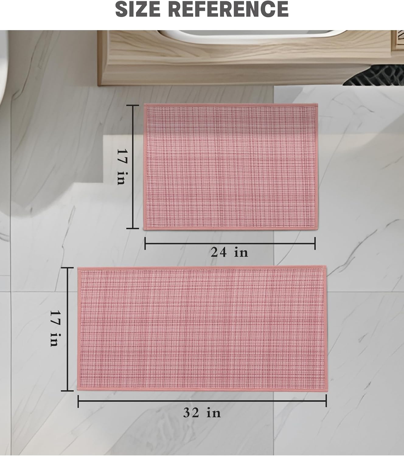YIHOUSE Bathroom Rugs Sets 2 Pieces, Pink Ultra Thin Bath Mats Fit Under Door, Absorbent Quickly Dry Rubber Backing Braided Bath Mat Set, Non Slip Washable Bath Rugs for Bathroom Floor, Pink