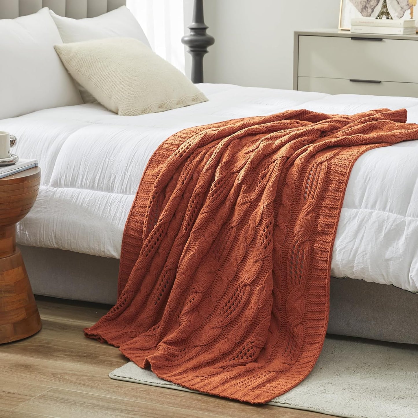 Amélie Home Chunky Knit Throw Blanket, Dual-Sided Soft Chenille Breathable Cable Knitted Blanket for Couch, Farmhouse Decorative Throw for Sofa & Chair, 60"x80", Burnt Orange