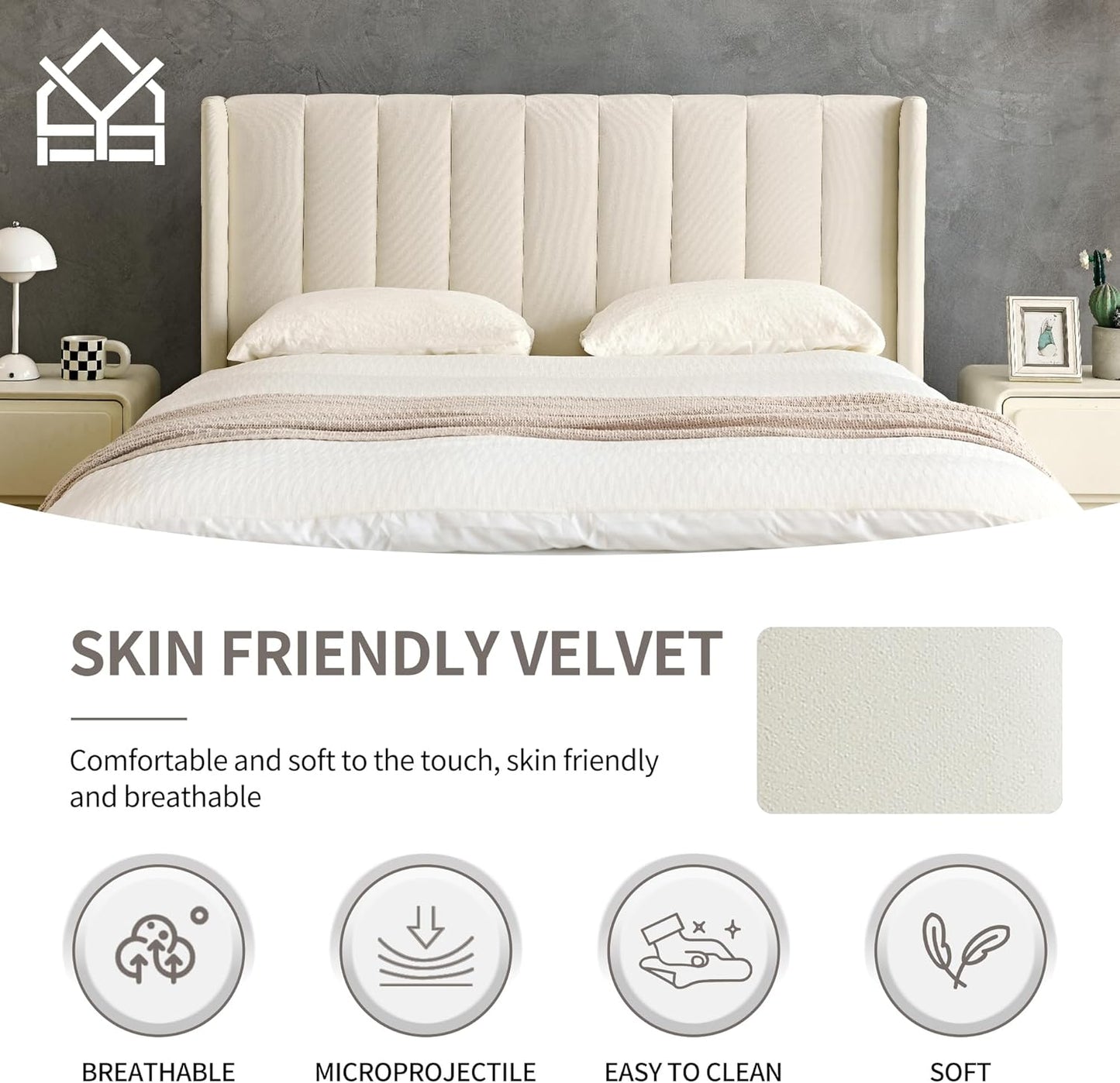 YUHUASHI upholstered Platform Bed Frame/Queen Bed Frame/Modern Geometric Double-Wing Design headboard/Velvet Fabric/Easy to Assemble no Noise (Cream, Queen (U.S. Standard))