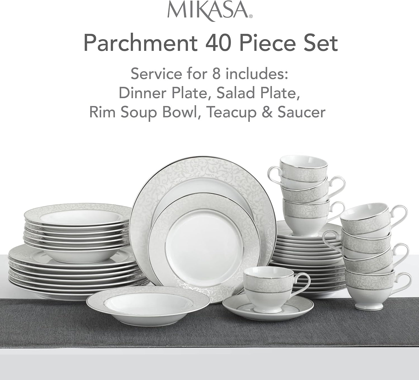 Mikasa Parchment 40-Piece Dinnerware Set, Service for 8, Durable Porcelain Plates, Bowls, and Mugs with Contemporary Design, Dishwasher Safe
