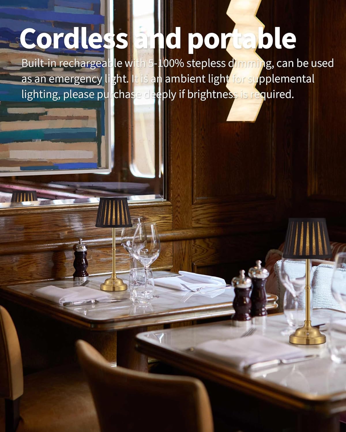 KDG Cordless LED Table Lamp Set of 2, Portables Fabric Shade Desk Lamps, 5000mAh Rechargeable Battery Powered Lighting, Dimmable Light for Dining Room, Bedroom, Bedside,Night Light, Balcony (Black)