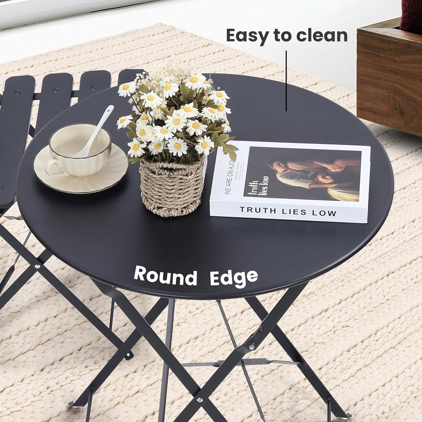 Kromax Outdoor 3 Piece Patio Bistro Set, Folding Bistro Table and 2 Folding Chairs, Patio Conversation Furniture Set, Space Saving, Black