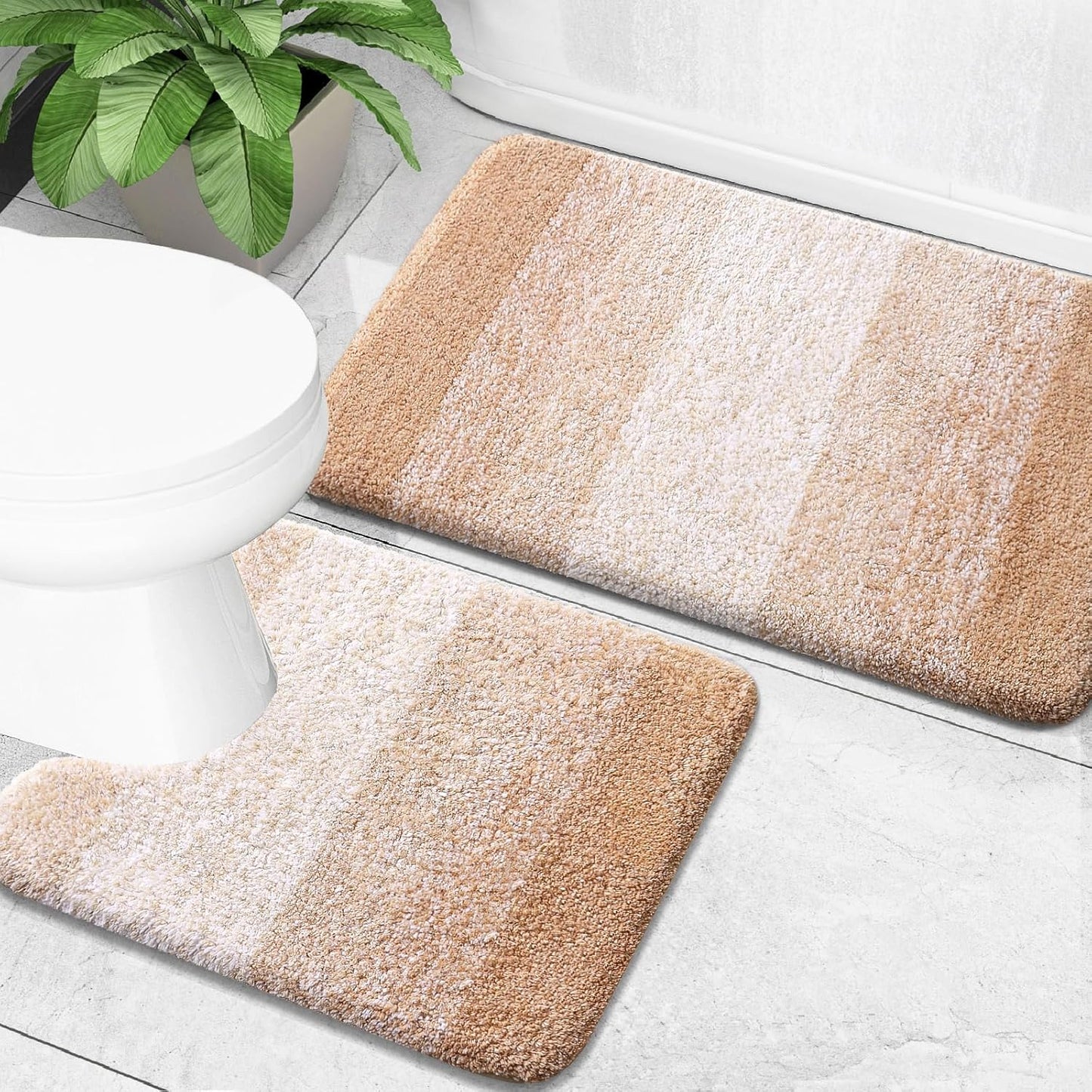 OLANLY Bathroom Rug Set 2 Piece, Soft Absorbent Microfiber Bath Mats and U-Shaped Contour Toilet Rug, Non-Slip, Machine Wash Dry, Plush Shaggy Bath Mats for Bathroom (30"x20"+24"x20", Beige)