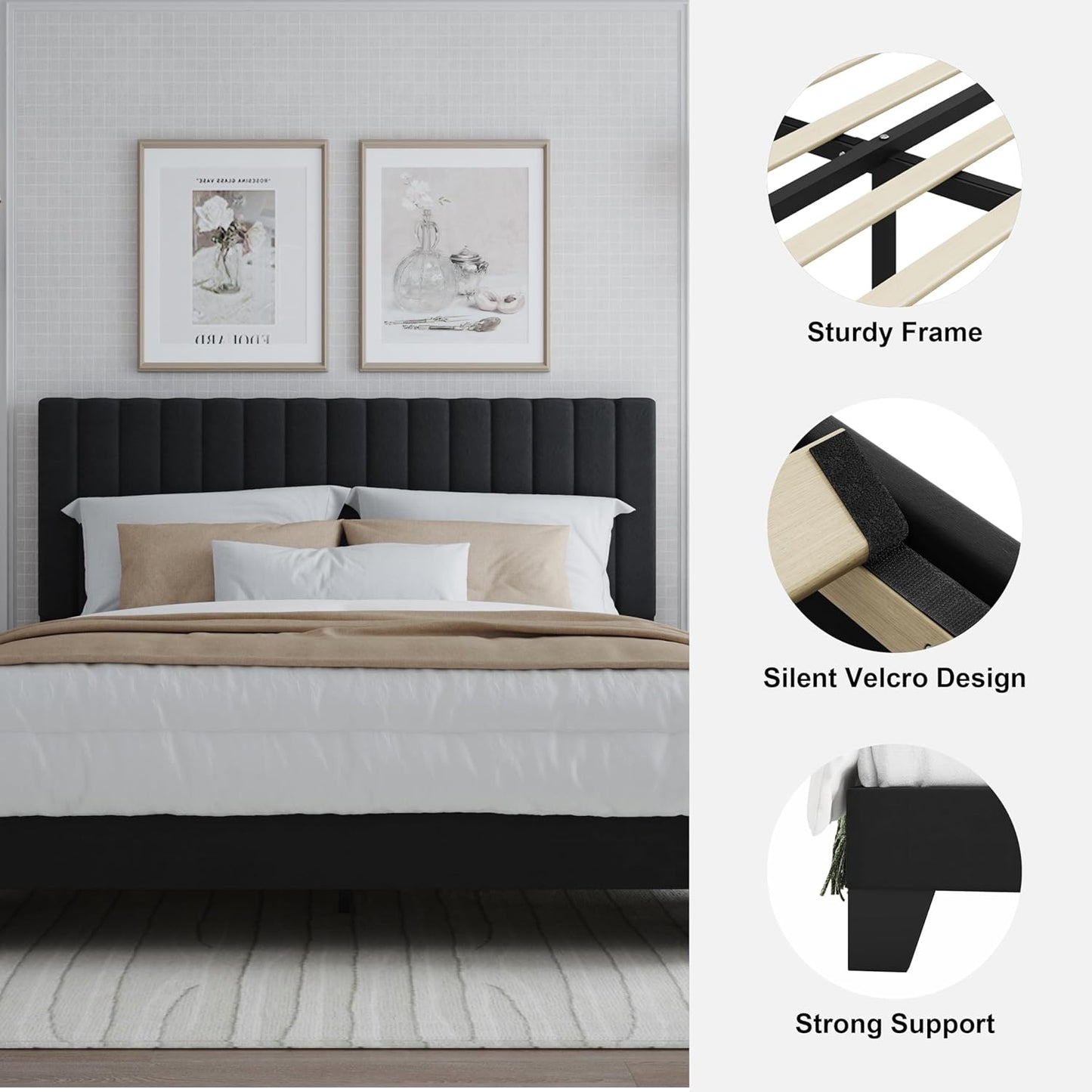 Full Size Bed Frame with Adjustable Tufted Headboard – Velvet Upholstered Platform Bed, Sturdy Frame & Slats, No Box Spring Needed, Noise-Free, Easy Assembly (Black, Full)
