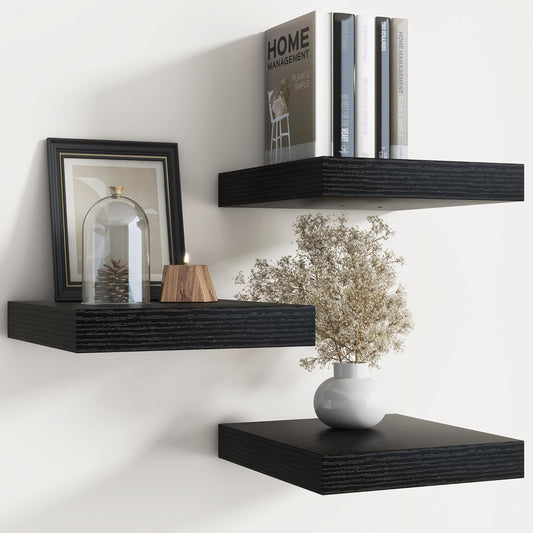 Floating Shelves for Wall with Invisible Brackets, Wall Mounted Engineered Wood Shelves with Wood Grain for Living Room, Bedroom, Bathroom, Kitchen Decor and Storage, Oak, 8"L Set of 3, Black