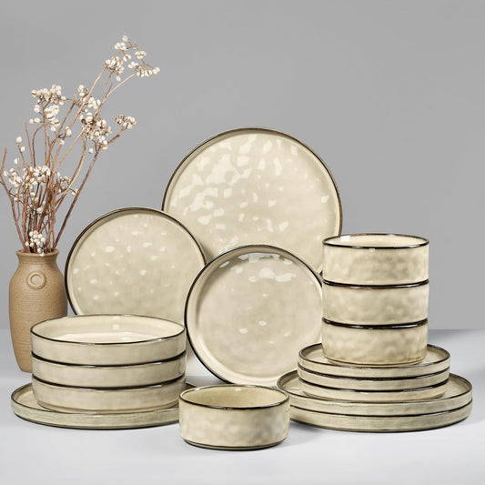 HaWare Dinnerware Sets, 16-Piece Plates and Bowls Set, Stoneware Dish Set for 4, Ceramic Dishware Set for Pasta Cereal, Chip and Scratch Resistant, Microwave and Dishwasher Safe, Saturn Khaki