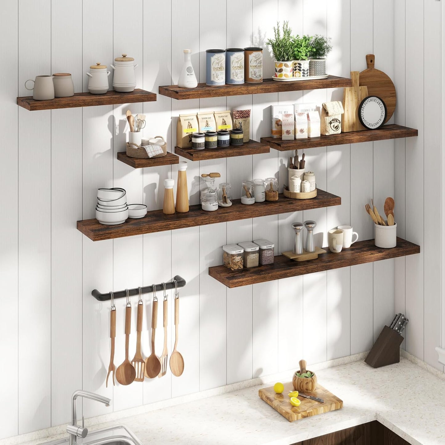 Floating Shelves for Wall with Invisible Brackets, Wall Mounted Engineered Wood Shelves with Wood Grain for Living Room, Bathroom, Kitchen Decor and Storage, Oak, 36"L Set of 2, Rustic Brown