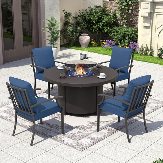 Kurapika 5 Piece Metal Outdoor Patio Furniture Set with Round Fire Pit Table, Patio Conversation Sets 4 Fixed Chairs with Thick Cushion and 40000 BTU Fire Pit Table, Navy Blue