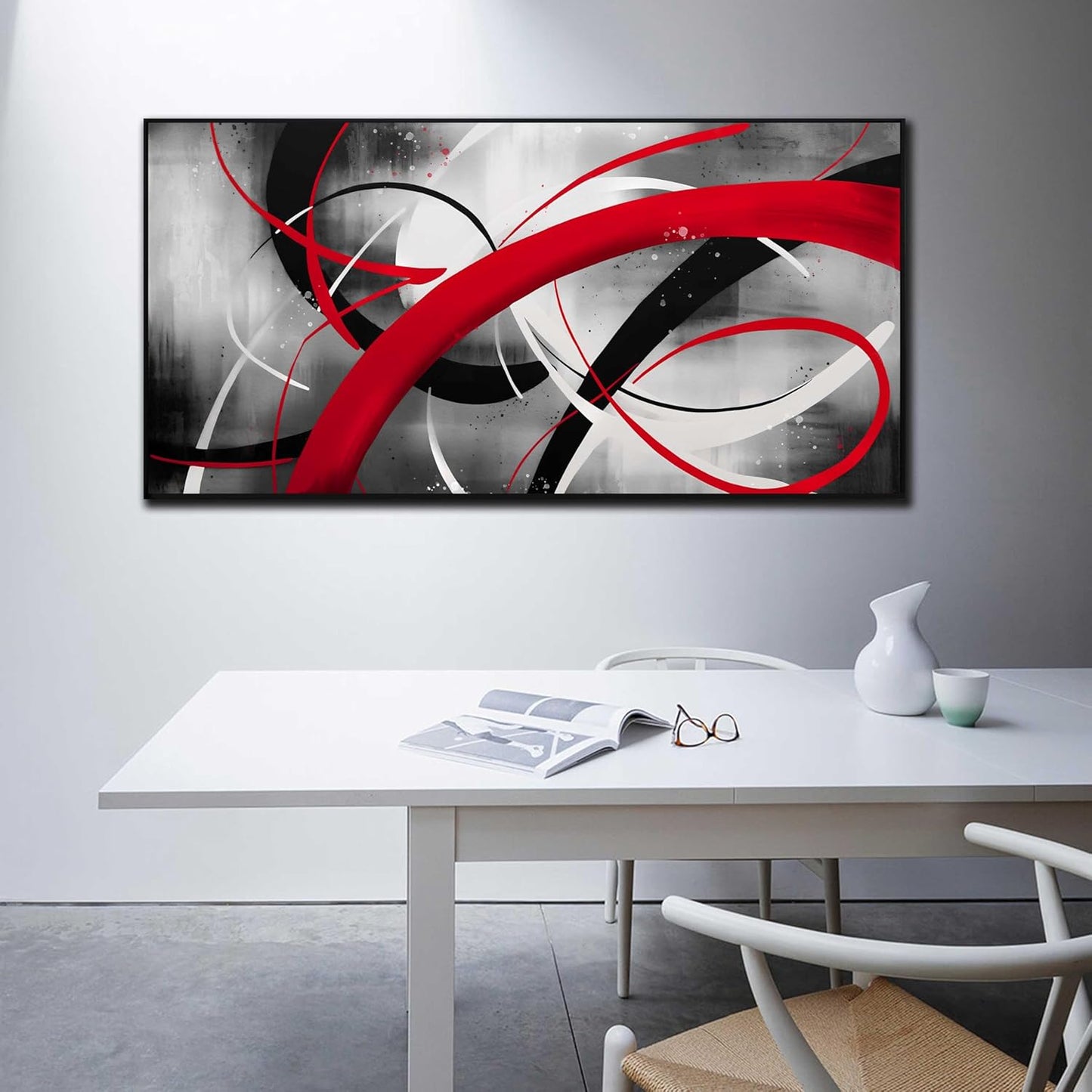 Abstract Wall Art for Living Room, Black White and Red Line Canvas Wall-Decor for Bedroom, Large Size 29x59 Inches Framed