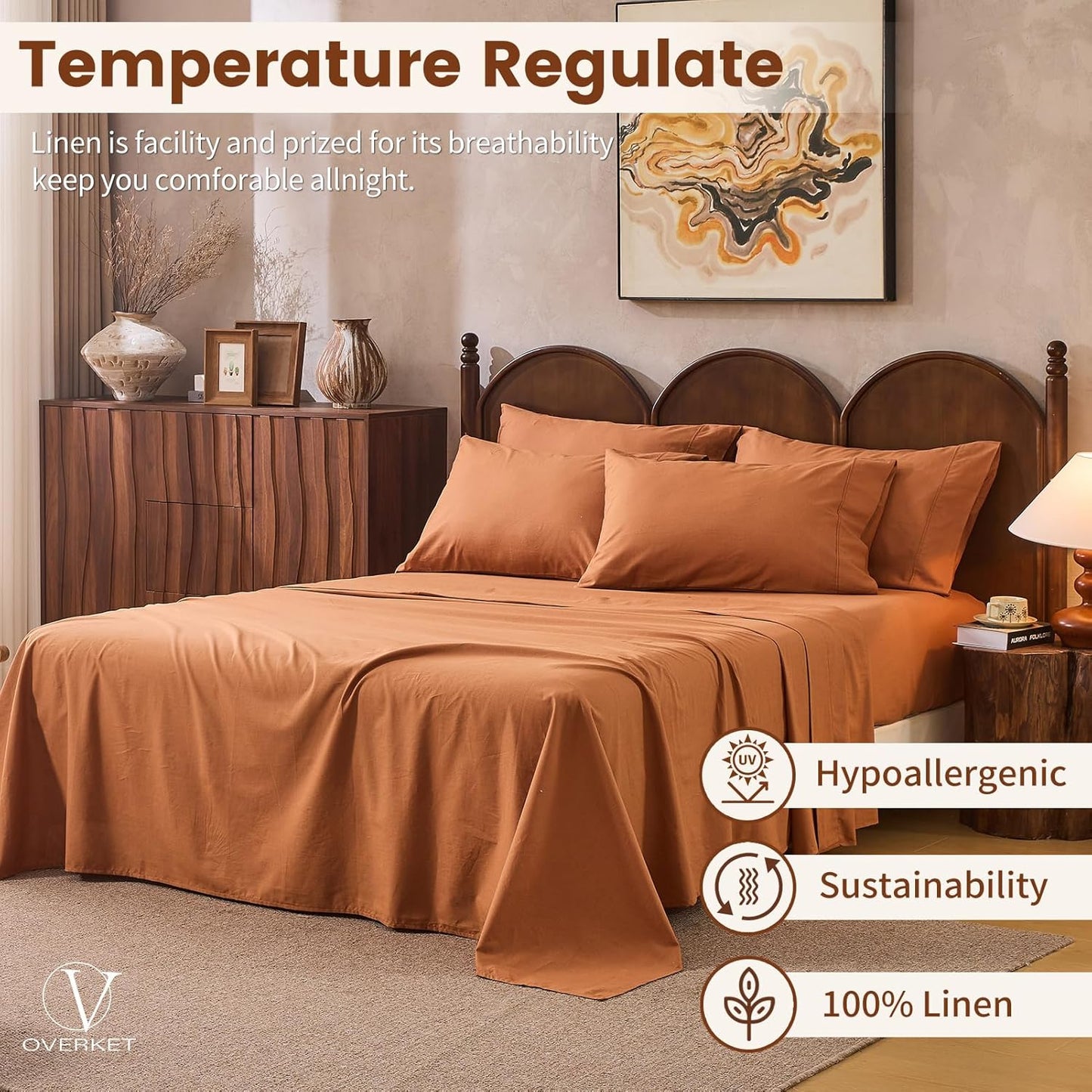 100% Linen Sheets California King Size,Breathable & Durable 4-Piece Bed Flax Sheet Set,Soft All-Season Bedding for Hot Sleepers 16" Deep Pocket Oeko-TEX Certified,（Cal King, Brown）