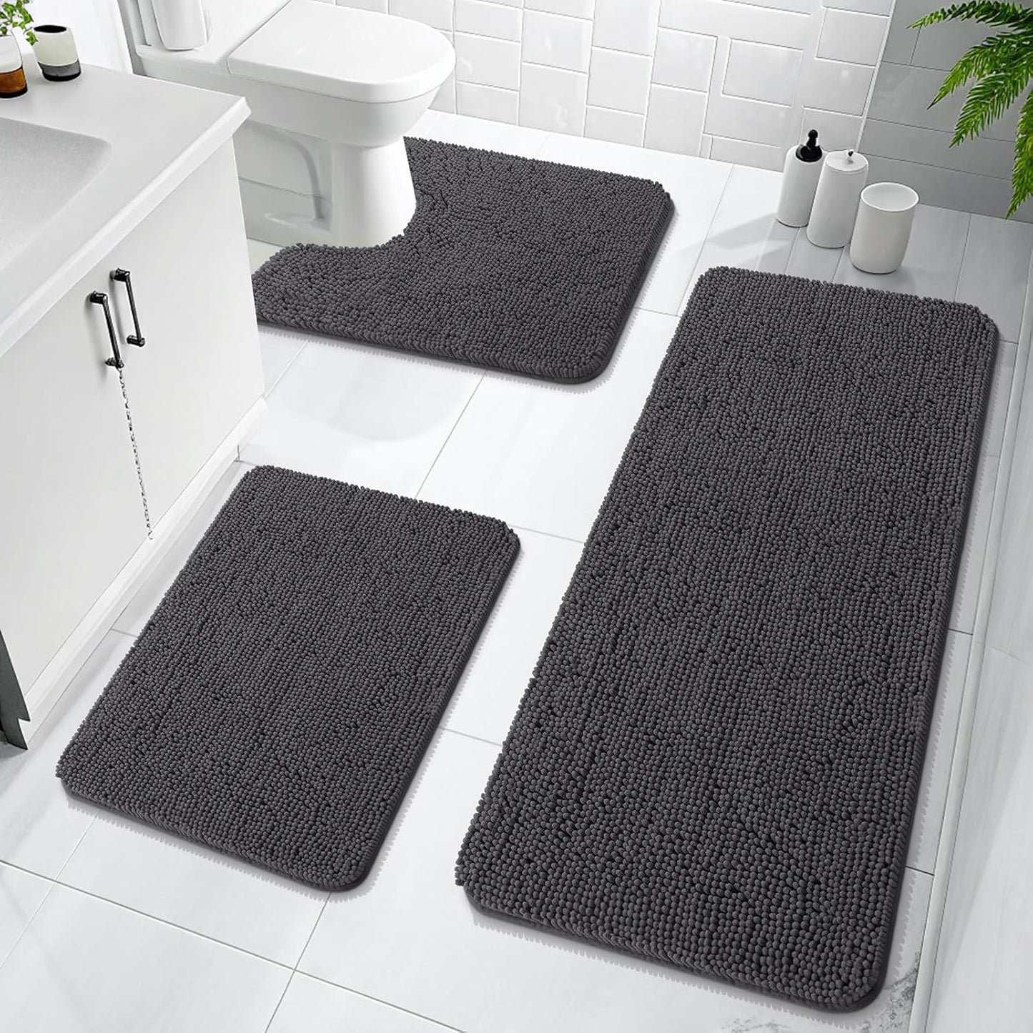 OLANLY Bathroom Rugs Sets 3 Piece, Soft Absorbent Chenille Bath Mats and U-Shaped Contour Toilet Rug, Quick Dry, Home Decor Accessories, Bath Mat Set for Bathroom (47"x20"+24"x16"+24"x20", Dark Grey)