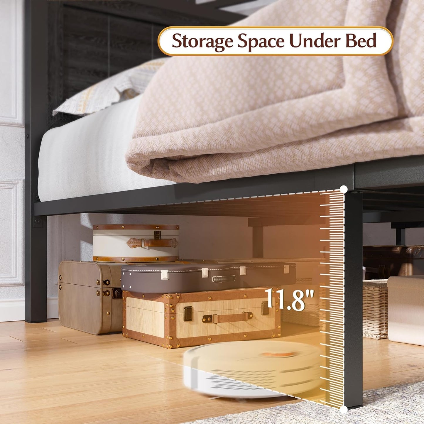 EnHomee King Bed Frame Metal with 2 Storage Drawers, Wooden Headboard with LED Lighting & Charging Station, Bedroom, Apartment, Guest Room, Farmhouse, Black