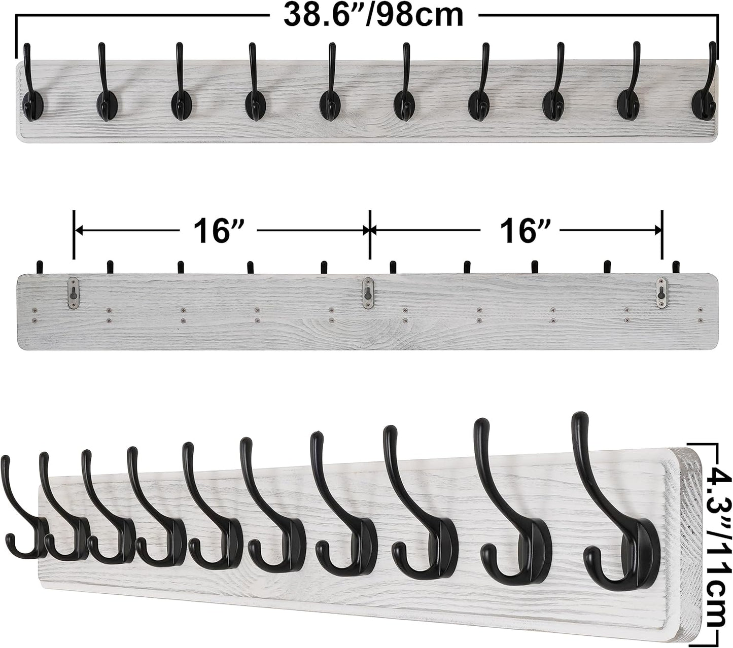 SKOLOO Rustic Wall Mounted Coat Rack, Case of 2, Pine Solid Wood Coat Hook Hanger - 10 Hooks for Hanging Clothes Robes Towels Coats