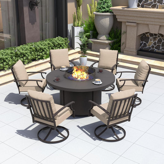 Kurapika 7 Piece Metal Outdoor Patio Furniture Set with Round Fire Pit Table, Patio Conversation Sets 6 Swivel Chairs with Thick Cushion and 40000 BTU Fire Pit Table, Sand