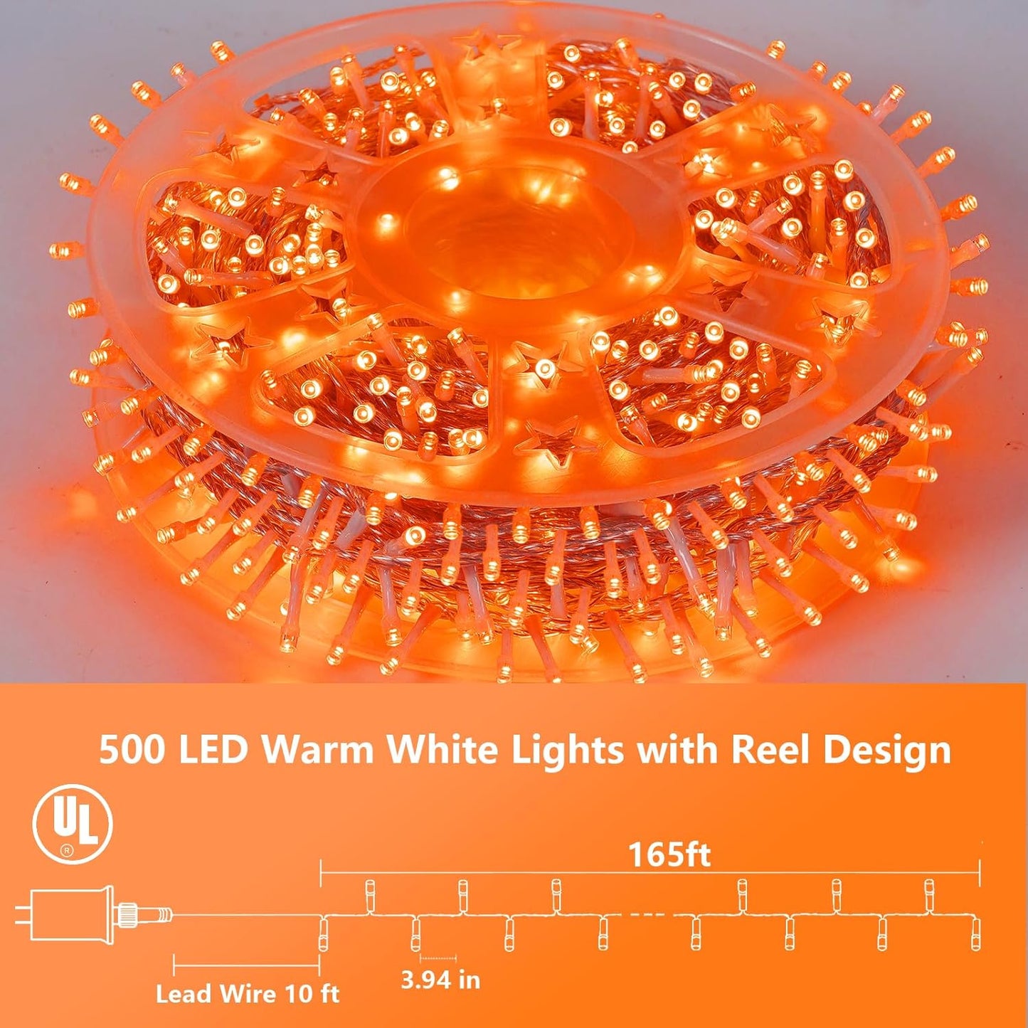 YEGUO 165ft 500 LED Halloween Lights Outdoor Waterproof, Orange String Lights Indoor Plug in, 8 Modes Clear Wire Orange Lights for Halloween