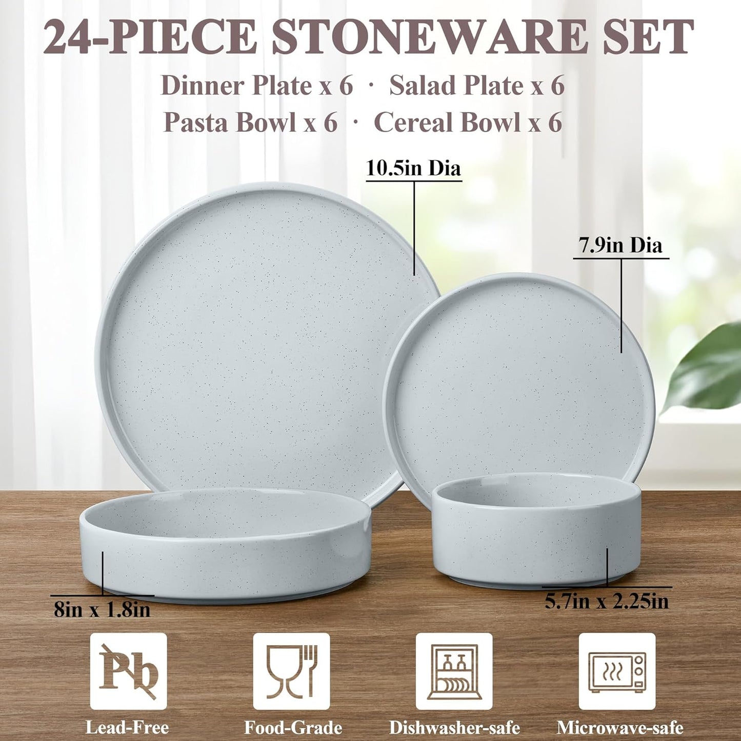 Herogo Stoneware Dinnerware Set with Salad Bowls, 24 Piece Kitchen Dinner Dish Set for 6, Plates and Cereal Pasta Bowls, Chip & Scratch Resistant Dishware, Speckled Light Gray