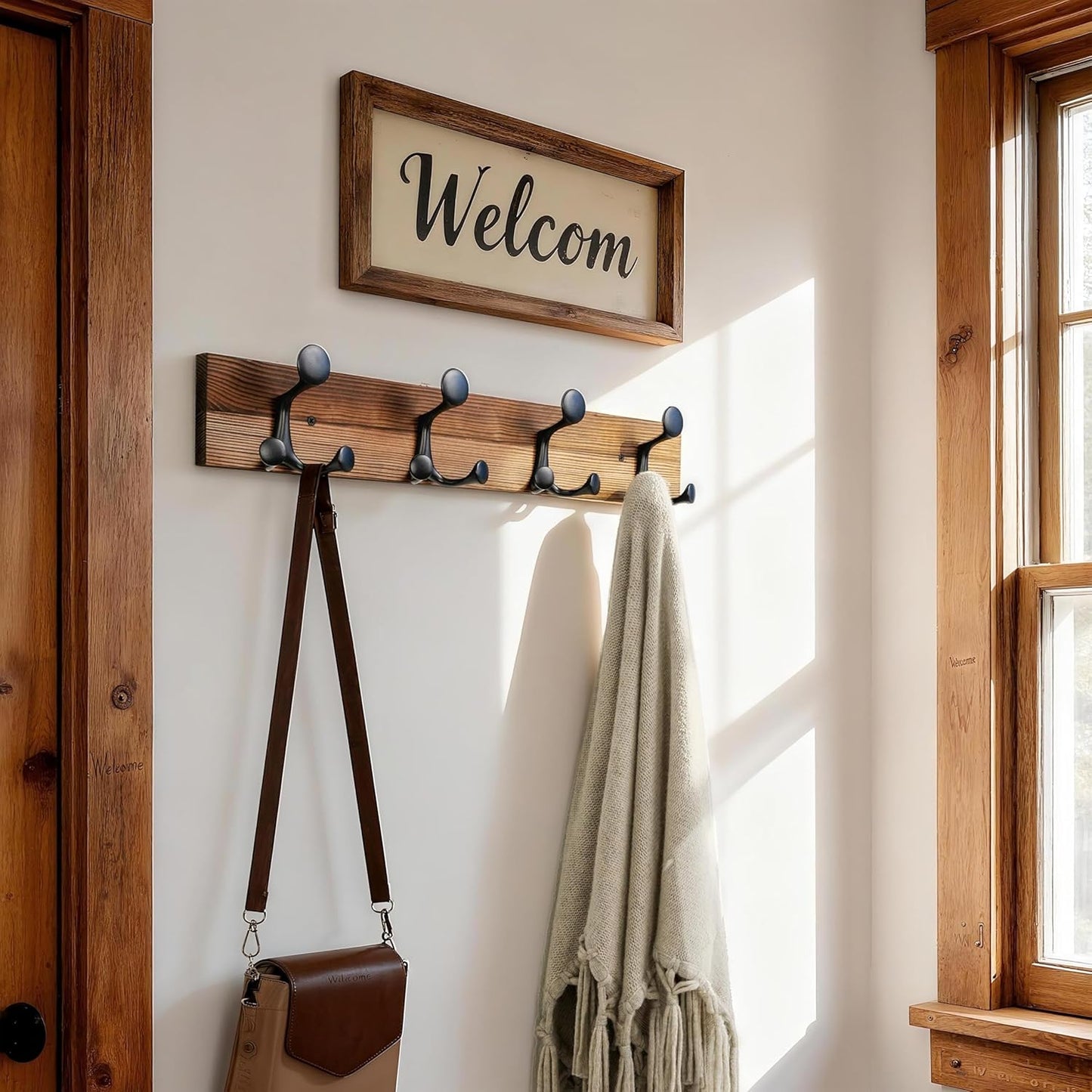 SKOLOO 24-Inch Wood Coat Rack Wall Mount with 4 Triple Hooks - Ideal for Family Entrances, Classrooms, and Pet Supplies Storage - Perfect Coat Hooks for Wall,Charred Golden Brown