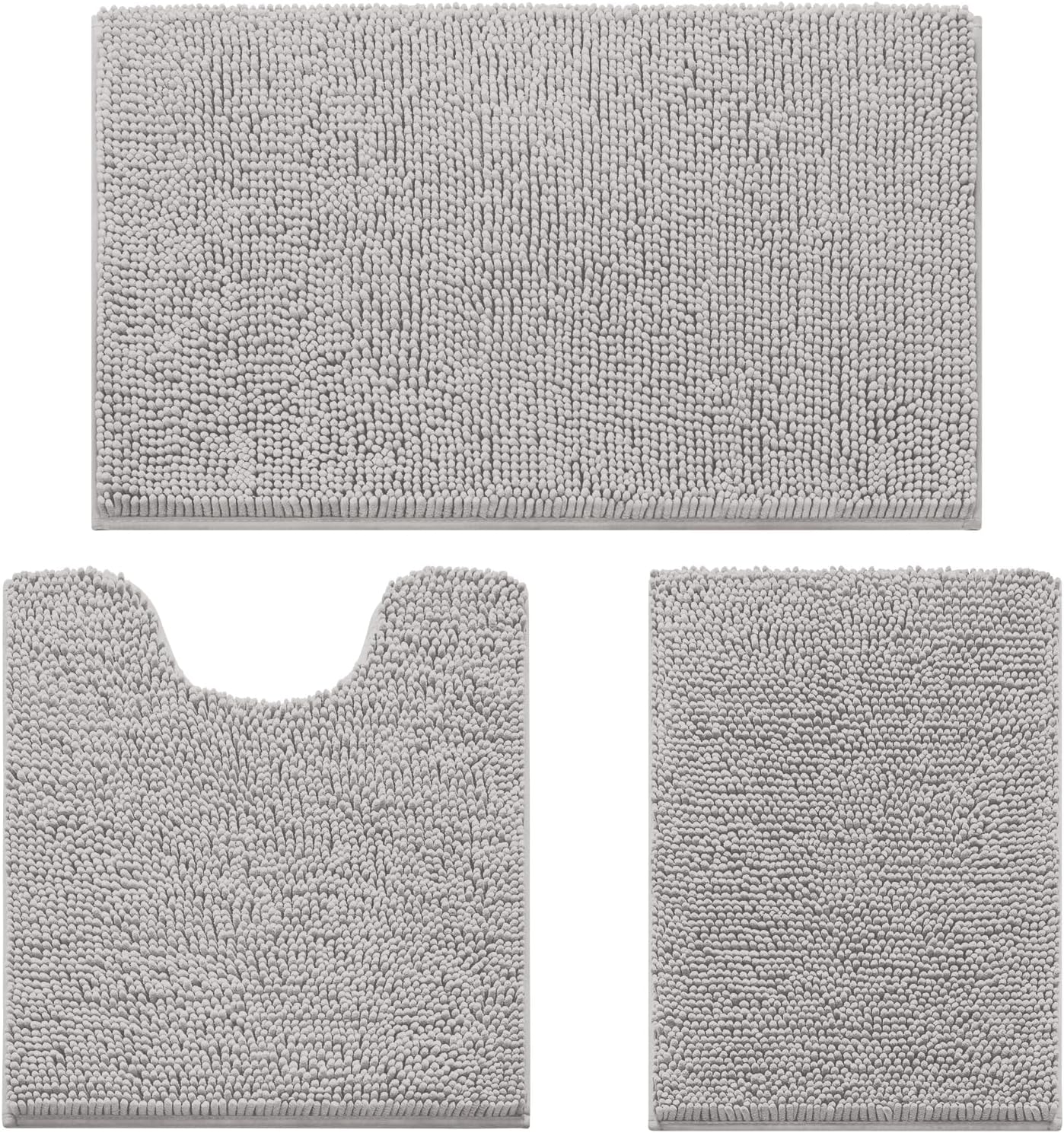 HOMEIDEAS 3 Pieces Bathroom Rugs, Ultra Soft Non Slip Absorbent Chenille Toilet Bath Mat Set (Light Grey,17"x24"+20"x32"+U Shape 20"x24")