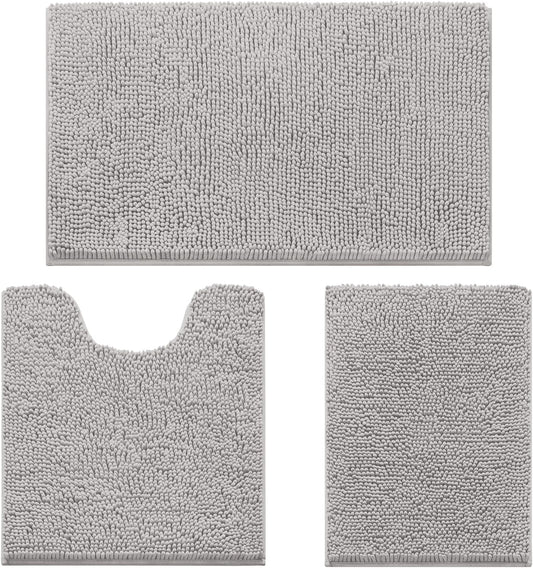 HOMEIDEAS 3 Pieces Bathroom Rugs, Ultra Soft Non Slip Absorbent Chenille Toilet Bath Mat Set (Light Grey,17"x24"+20"x32"+U Shape 20"x24")