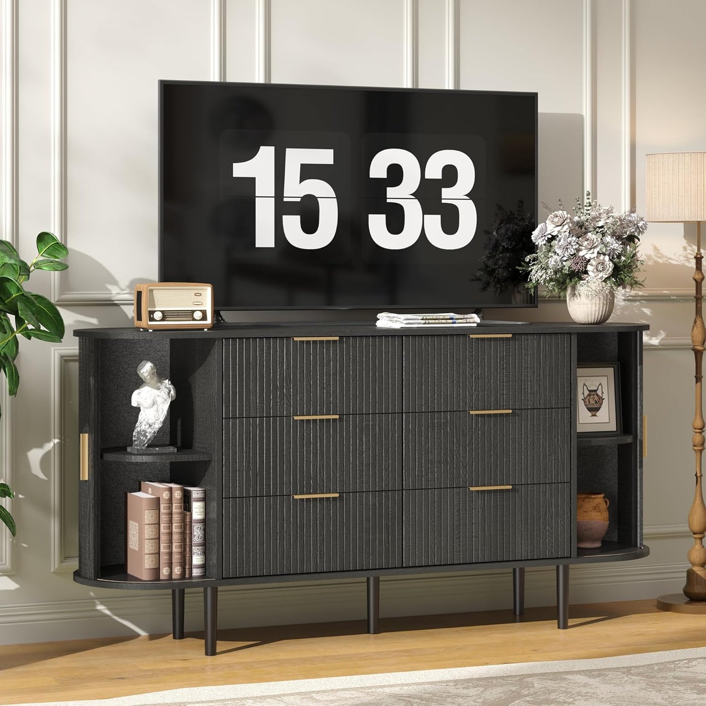 Modern Curved Fluted TV Stand for TVs up to 70 Inches, TV Console with Sliding Doors and Drawers, Credenza with Storage Cabinet for Living Room, 63 Inch, Black