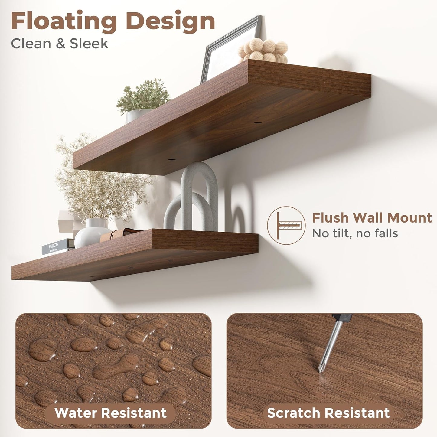 Floating Shelves for Wall with Invisible Brackets, Wall Mounted Engineered Wood Shelves with Wood Grain for Living Room, Bedroom, Bathroom, Kitchen Decor and Storage, Oak, 24"L Set of 2, Walnut
