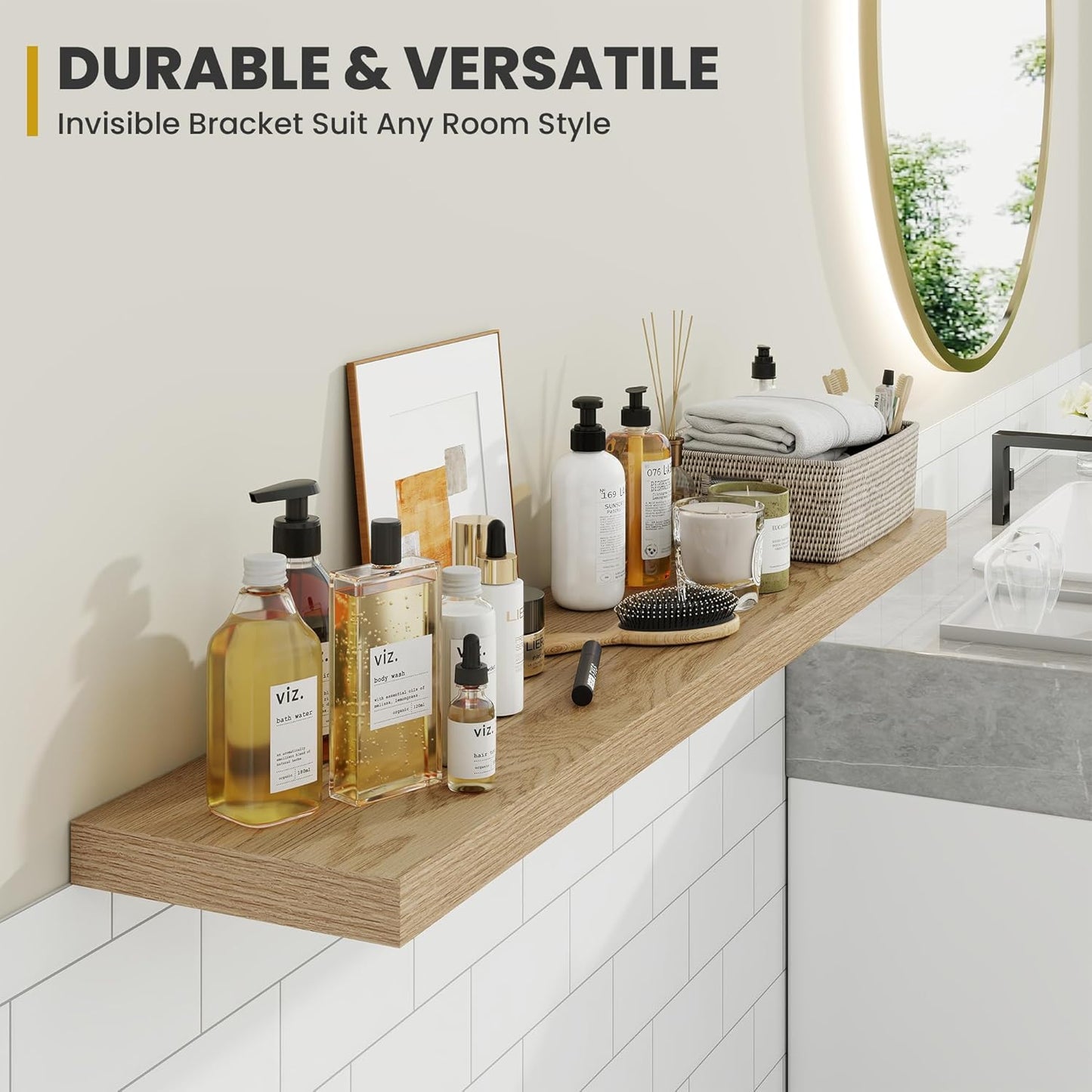 24 Inch Floating Shelves, 9.3" Deep Floating Shelf Wall Mounted, 24" Wall Shelves, Rustic Deep Bookshelf, Large Display Shelves & Storage Shelves for Bedroom, Living Room, Oak, Set of 2