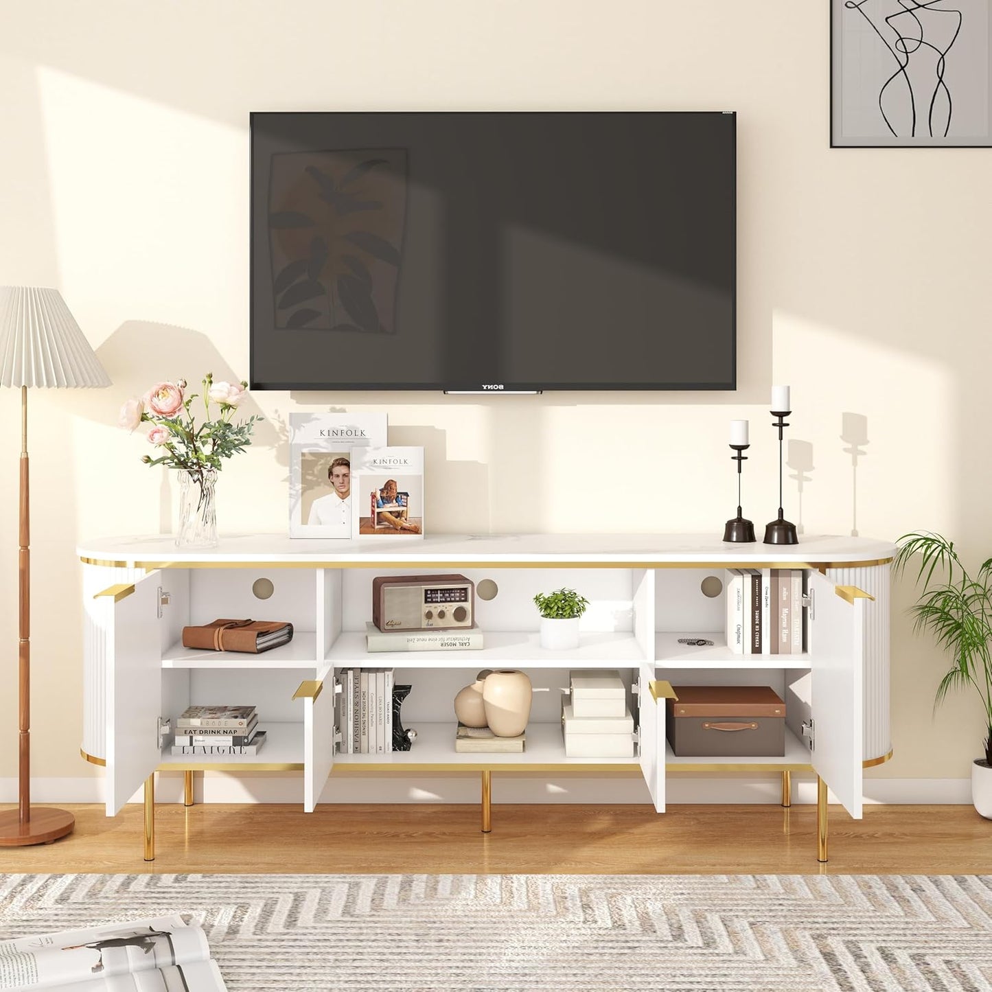 Luxury Fluted TV Stand: 70" White Entertainment Center for 80 inch TVs, TV Consoles for Living Room, Modern Media Console with Faux Marble Top (White, 70 Inch TV Stand)
