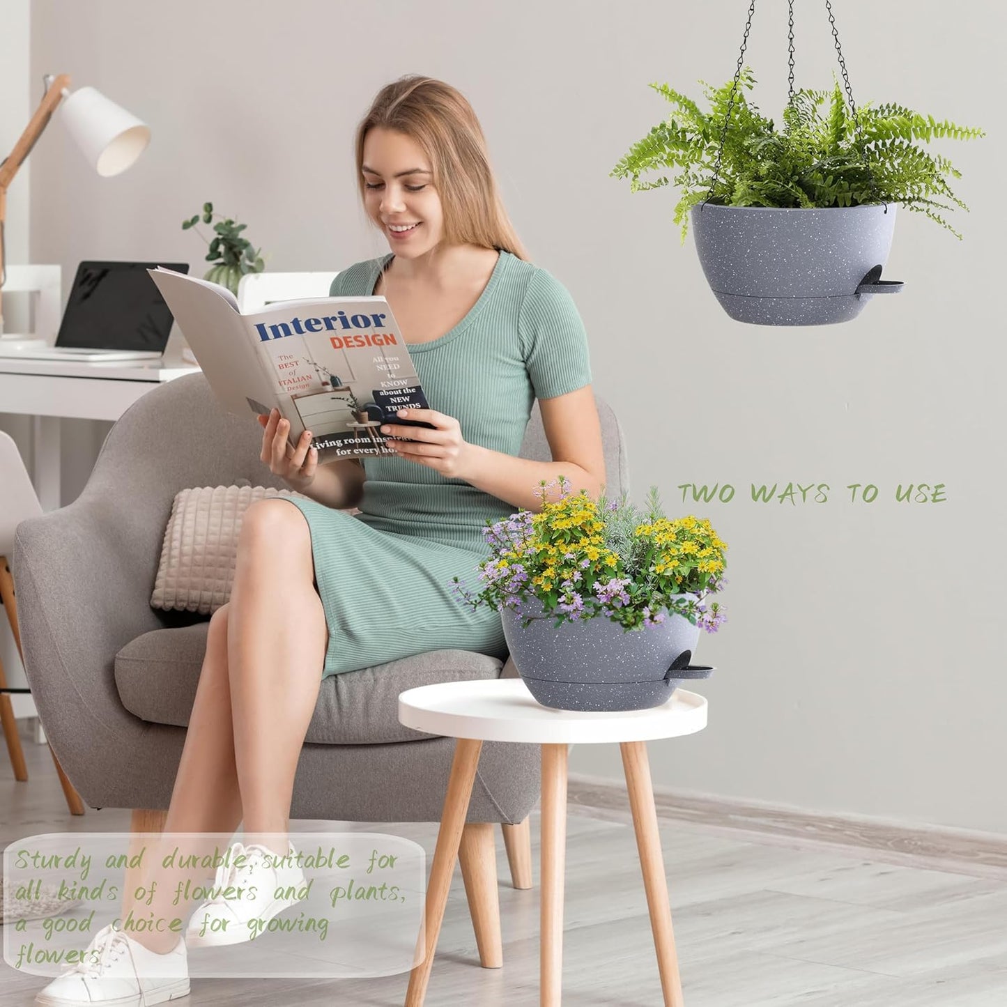 10 Inch Hanging Baskets 2 PC with Chains, Self-Watering Hanging Planters for Indoor Outdoor Plants, Plastic Hanging Flower Pots,Speckled Grey