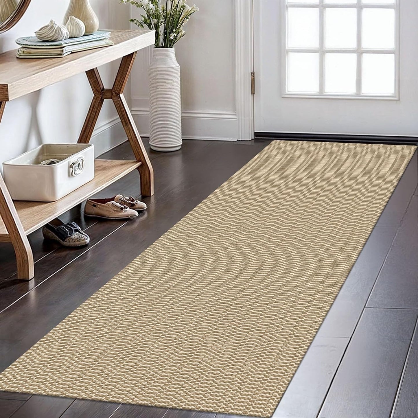 KOZYFLY Washable Runner Rug 2x6 Ft Runners for Hallways Non Slip Kitchen Runners Braided Cotton Entryway Runner Indoor, Carpet for Hallway Kitchen Entryway Bedroom, Sand/Ivory