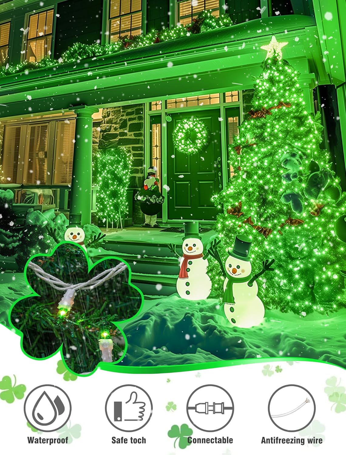 Hopolon St. Patrick's Day String Lights,2 Pack 13FT 50Count Green Mini Lights White Wire,Incandescent Christmas Tree Lights Connectable for Indoor Outdoor Holiday Patio Party Home Decorations