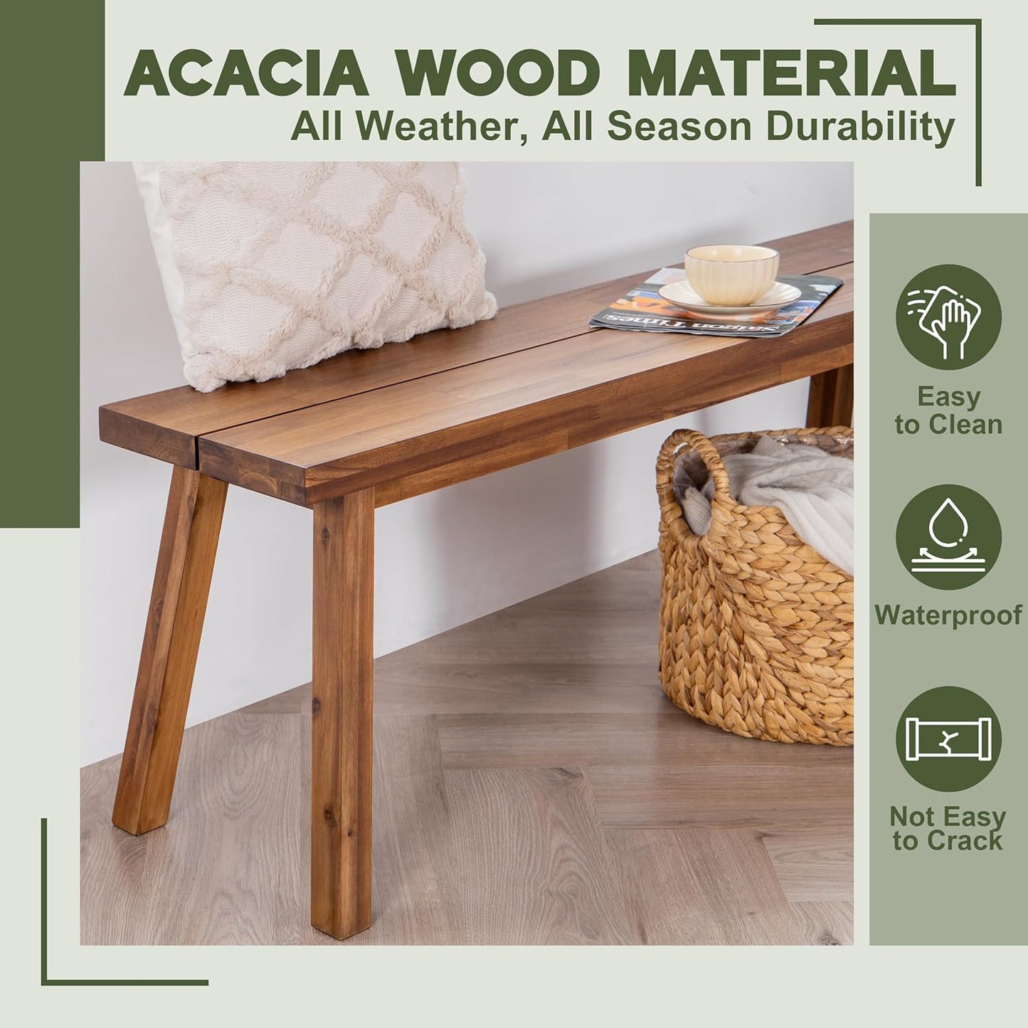 Solid Wood Bench - Minimalist Design, Acacia Wood Construction, Brown Color, Versatile for Entryway, Living Room, Bedroom & Outdoors, Easy Assembly & Weather-Resistant