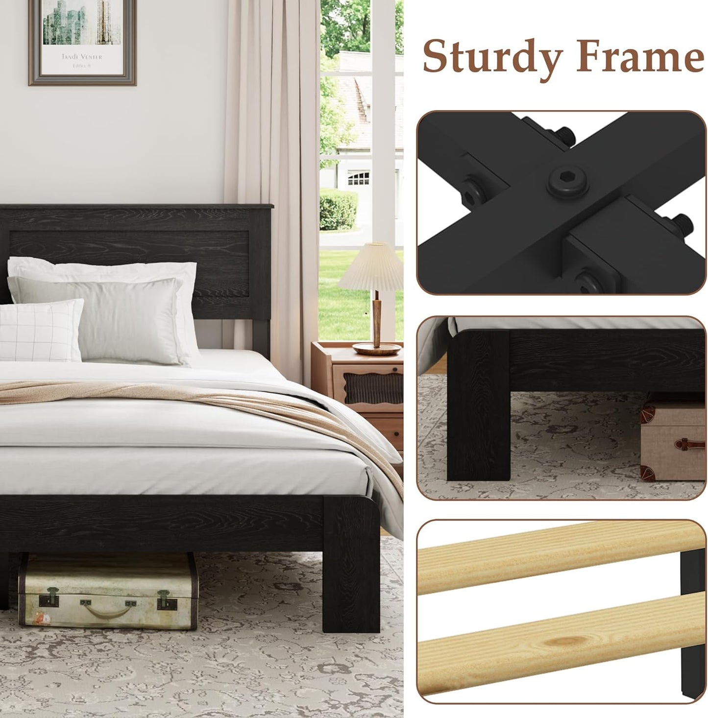 Wood Platform Bed Frame, King Bed Frame with Headboard and Wood Slat Support, Noise-Free,Easy Assembly, No Box Spring Needed,Black