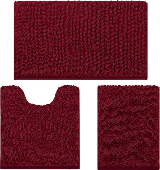 HOMEIDEAS 3 Pieces Bathroom Rugs, Ultra Soft Non Slip Absorbent Chenille Toilet Bath Mat Set (Burgundy,17"x24"+20"x32"+U Shape 20"x24")
