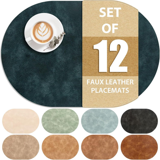 ADRIMER Placemats, Heat Resistant Oval Placemats Set of 12 Washable 12 x 17 Inch, Waterproof Table Mats, Wipeable Pu Place Mats for Kitchen, Dining Room, Dark Blue