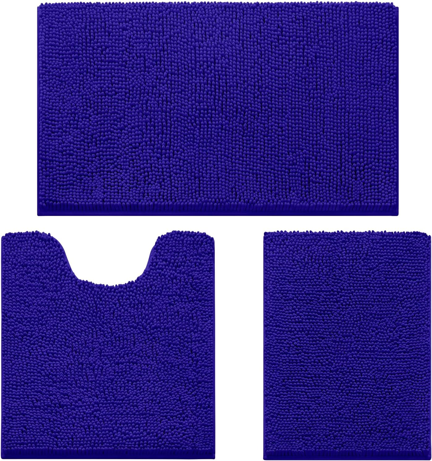 HOMEIDEAS 3 Pieces Bathroom Rugs, Ultra Soft Non Slip Absorbent Chenille Toilet Bath Mat Set (Royal Blue,17"x24"+20"x32"+U Shape 20"x24")