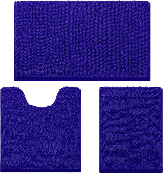 HOMEIDEAS 3 Pieces Bathroom Rugs, Ultra Soft Non Slip Absorbent Chenille Toilet Bath Mat Set (Royal Blue,17"x24"+20"x32"+U Shape 20"x24")