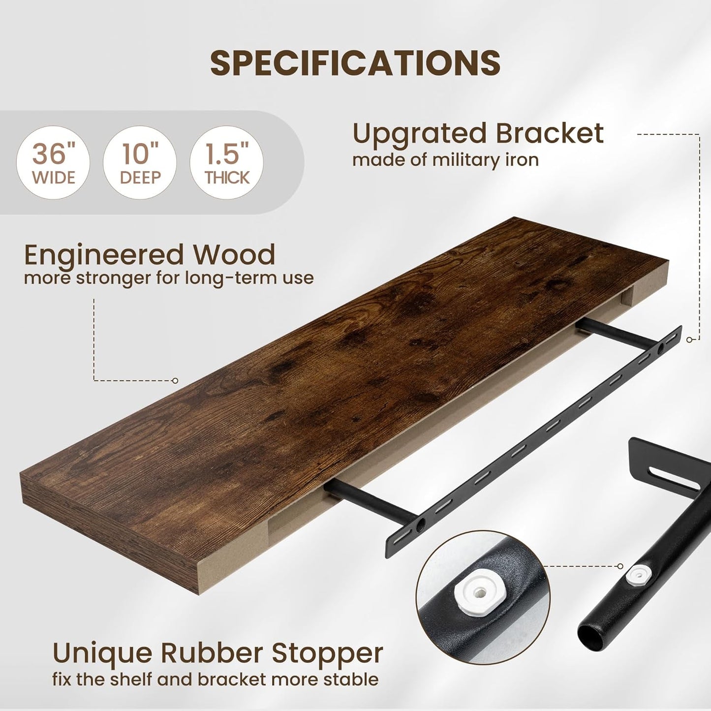 Fun Memories Floating Shelves for Wall 36 Inches, Wood Shelves with Invisible Bracket, 10" Deep Shelves Wall Mounted, Large Floating Shelves for Living Room Bathroom, Rustic Brown, Set of 2