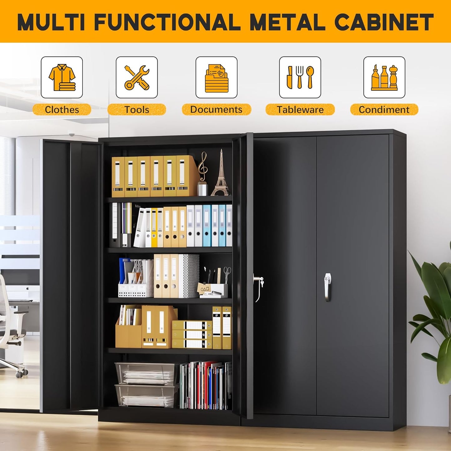 Greenvelly 72" H Metal Storage Cabinet, 36" W x 18" D Black Metal Cabinet with 2 Doors and 4 Adjustable Shelves,Locking Cabinets for Office, Home, Garage, School