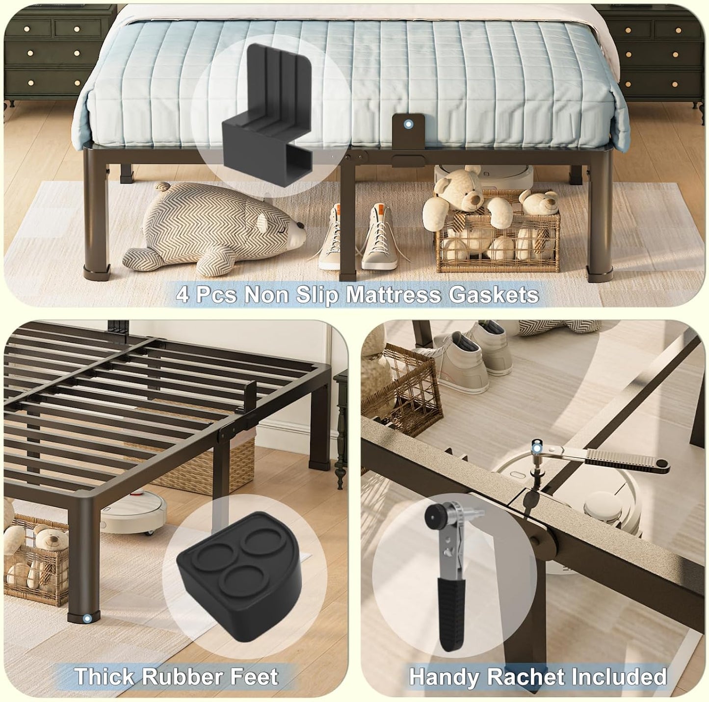 10 inch Queen Bed Frame with Round Corner Legs Mattress Slide Stopper,Low Profile Heavy Duty Metal Platform,Steel Slats Support,No Box Spring Needed,Easy Assembly,Noise Free